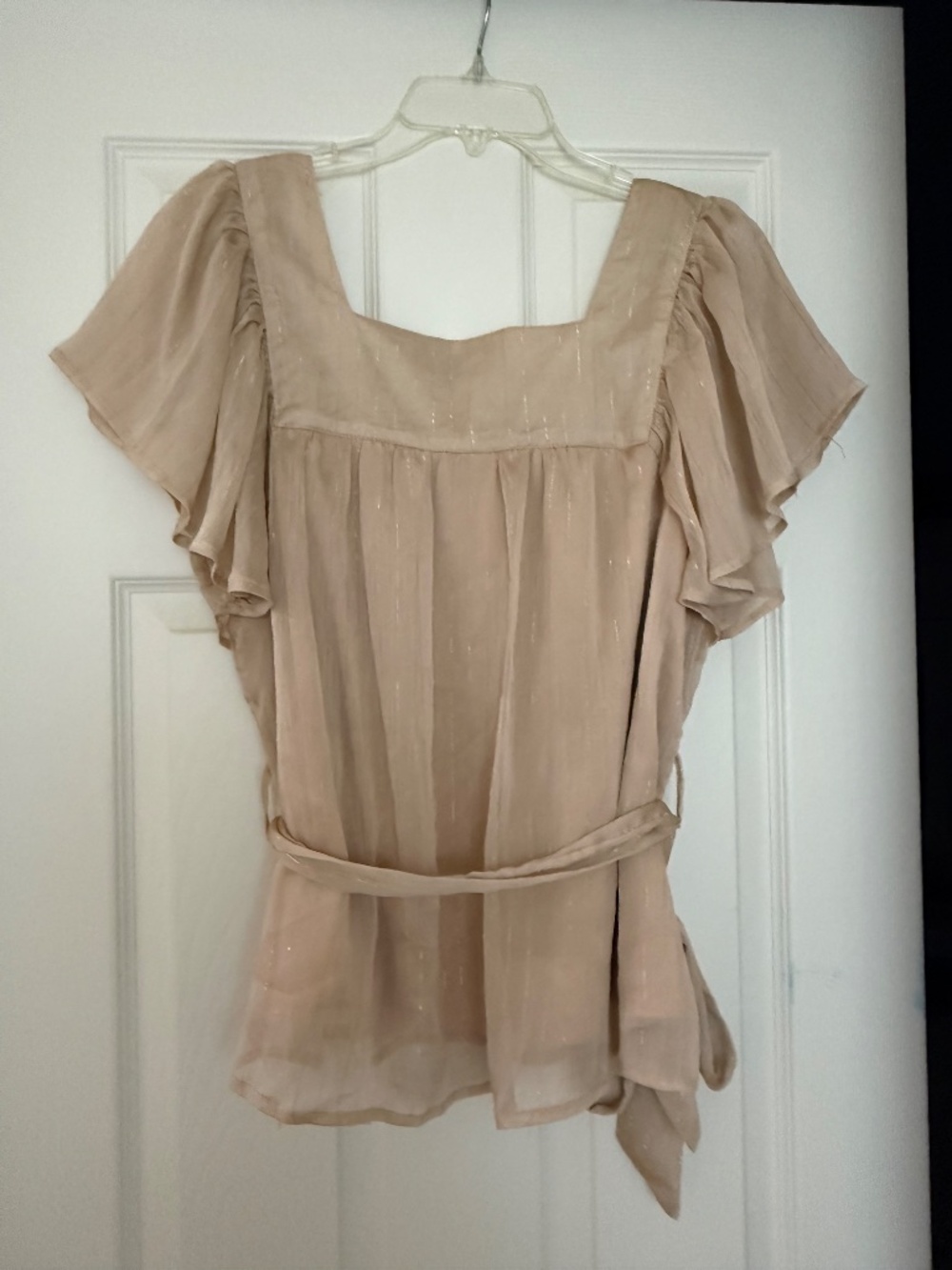 Tan & Gold Flutter Sleeve Blouse, Size L - Picture 6 of 11